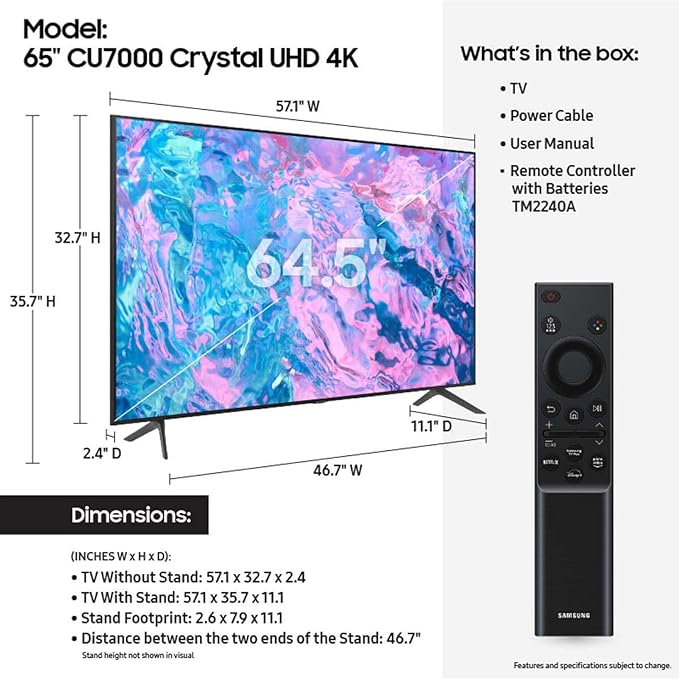 65" Samsung CU7000 Crystal UHD 4K HDR Smart Multisystem LED TV - Image 4